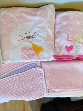 Baby Pink Bunny Plush Blanket and Love, Pink Thermal, 3 Burp Clothes